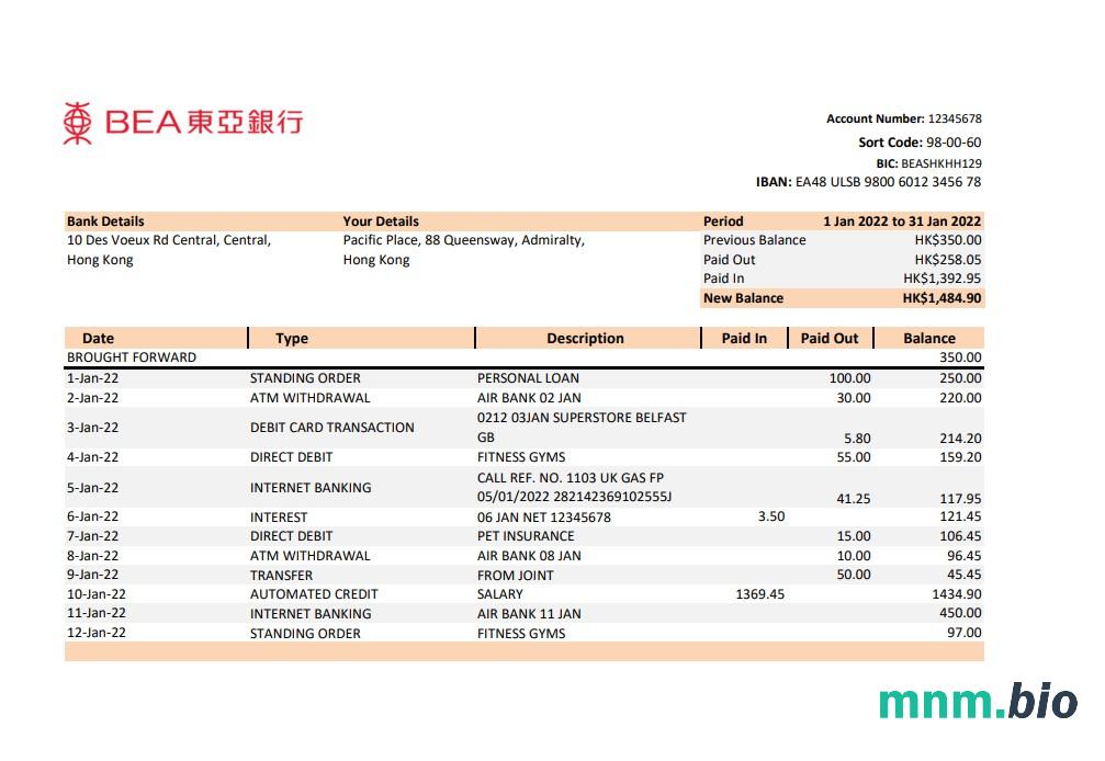 Szablon wyciągu bankowego Hong Kong BEA, format Word i PDF